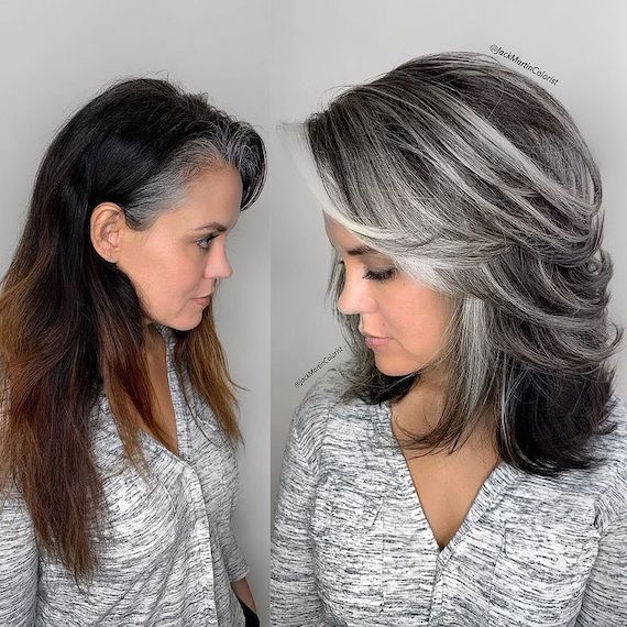 Before and after collage showing model’s black hair and grey regrowth blended with silver highlights.