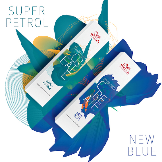 Boxes of Wella Color Fresh CREATE semi-permanent hair color in Super Petrol and New Blue.