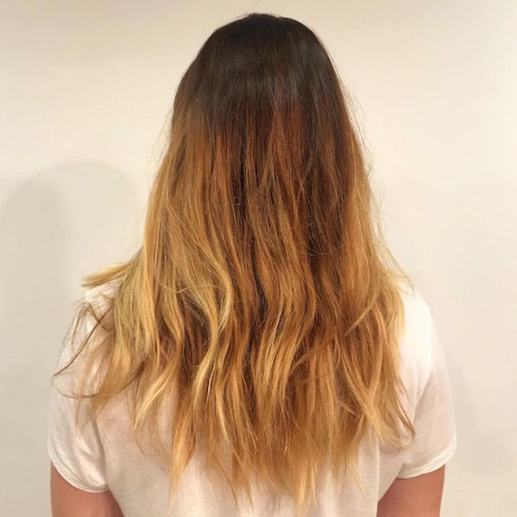 Back of woman’s head with long hair and brassy mid-lengths and ends.