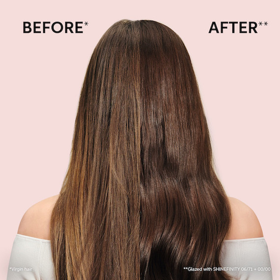 Before and after showing the results of the Shinefinity glaze on brown hair.