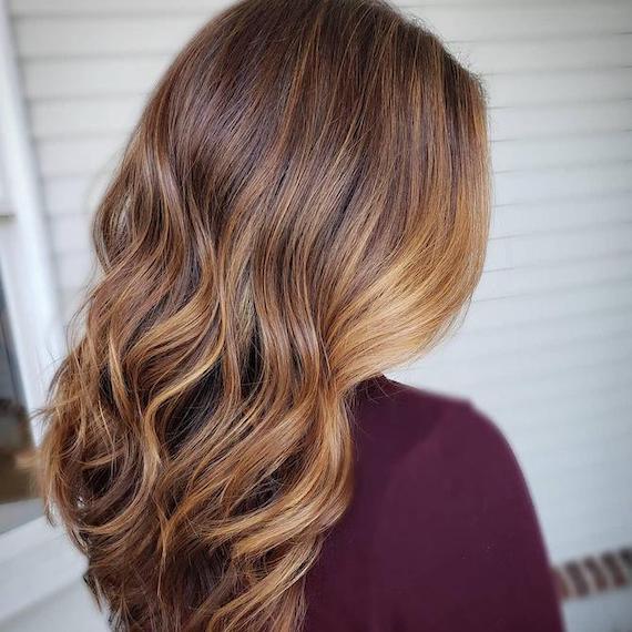 Back of woman’s head with long, wavy, hair and bronde balayage, created using Wella Professionals.