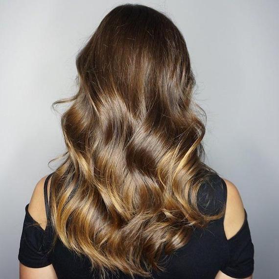 Photo of the back of a woman’s head with long brown hair and caramel balayage, created using Wella Professionals.