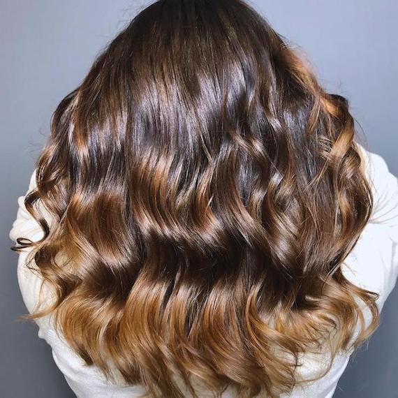 Photo of the back of a woman’s head with long chocolate brown hair and balayage, created using Wella Professionals.