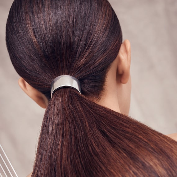 Image of the back of a woman’s head, showing glossy, straight brunette hair fixed in a low ponytail.