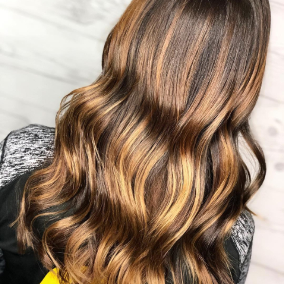 back of woman’s head with long, golden brown hair,  created using Wella Professionals