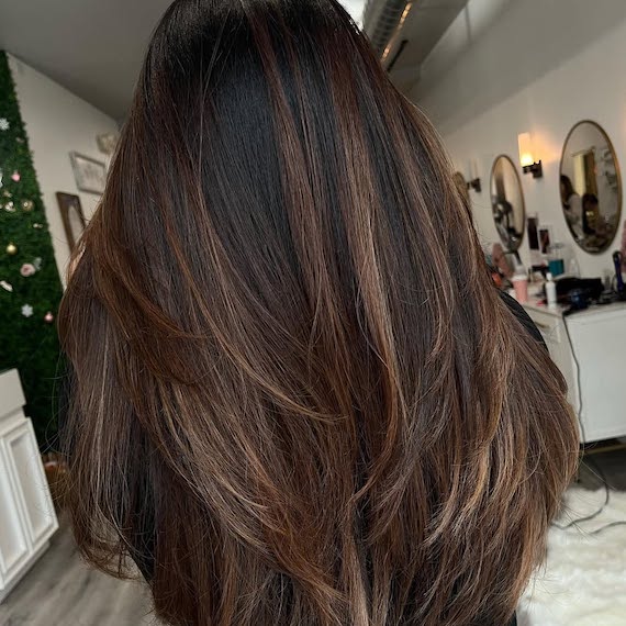 Dark chocolate brown hair providing full grey coverage with a natural multi-tonal finish.