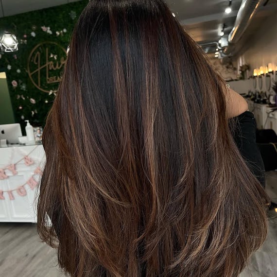 Dark chocolate brown hair providing full grey coverage with a natural multi-tonal finish.