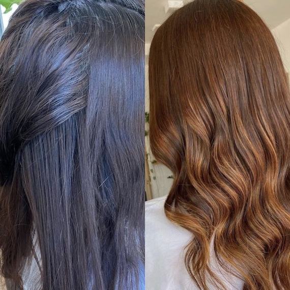 Side-by-side images showing dark hair before Colour Renew, which appears copper brown after use. 