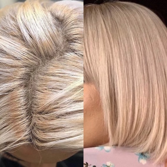 Side-by-side images showing blonde hair with patchy roots before Colour Renew, which appears perfectly blended after use. 