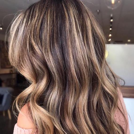 Back of model’s head with long, wavy, blonde hair featuring dark brown lowlights.