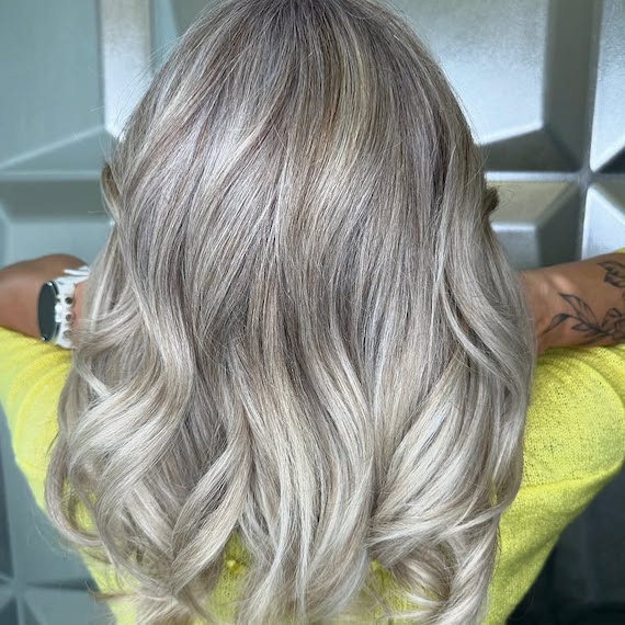 Back of model’s head with long, wavy, silver hair.