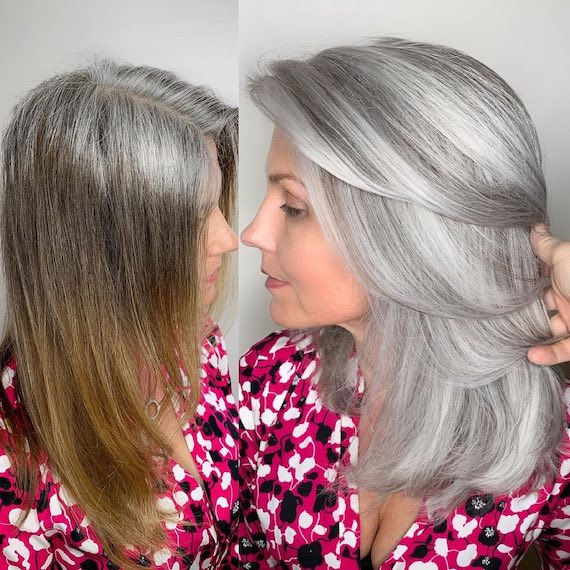 Before and after image of grey roots on brown highlighted hair, changed to all over grey highlights.
