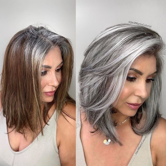 Before and after image of gray roots on brown highlighted hair, changed to all over gray highlights.