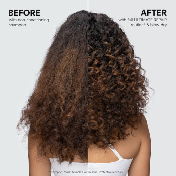 Before and after images. In the before shot, hair appears frizzy, while in the after shot, curls are bouncy and defined from using the ULTIMATE REPAIR regimen.