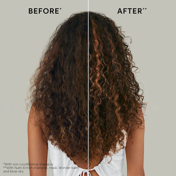 Before and after image of long, brown curly hair that’s been treated with Nutri-Enrich shampoo, mask, and Wonder Balm by Wella Professionals