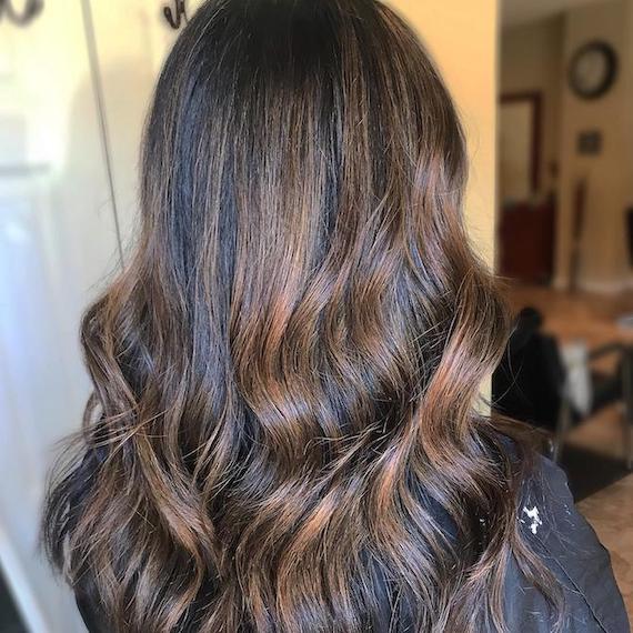 Photo of the back of a woman’s head, featuring long dark brown hair with highlights, created using Wella Professionals.
