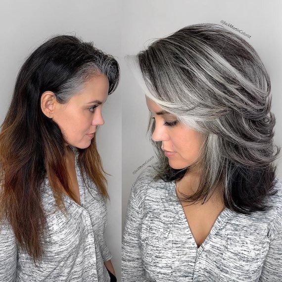 Before and after showing dark brown hair with gray roots transformed into a full head of silvery highlights.