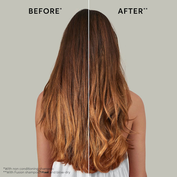 Before and after collage showing model’s long, medium brown hair looking healthier after using Fusion.