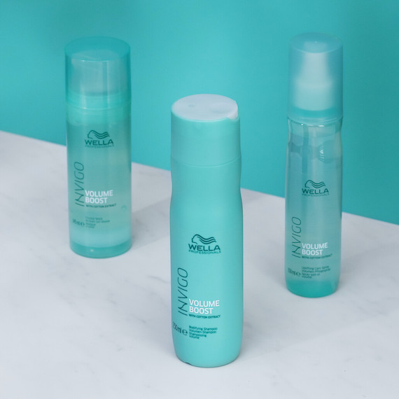 INVIGO Volume Boost Shampoo, Crystal Mask und Leave-In Spray.