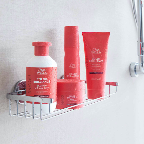 INVIGO Color Brilliance Shampoo, Conditioner and Mask on a shower rack.