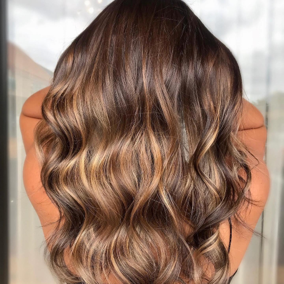 back of woman’s head with long brown hair with caramel highlights and dark lowlights 