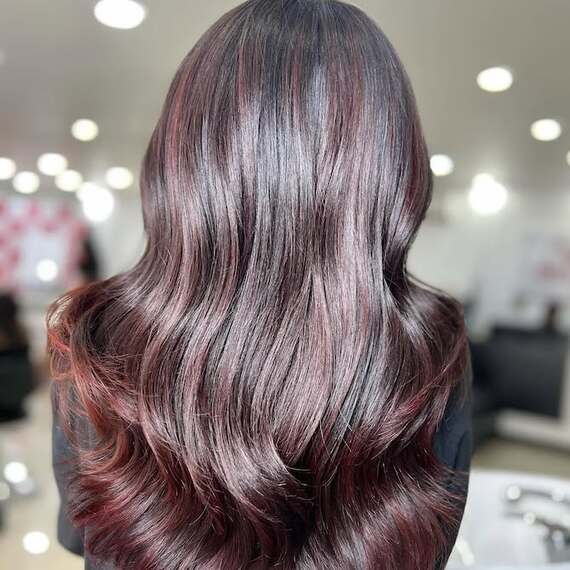 Model with long, dark hair featuring cherry cola highlights.