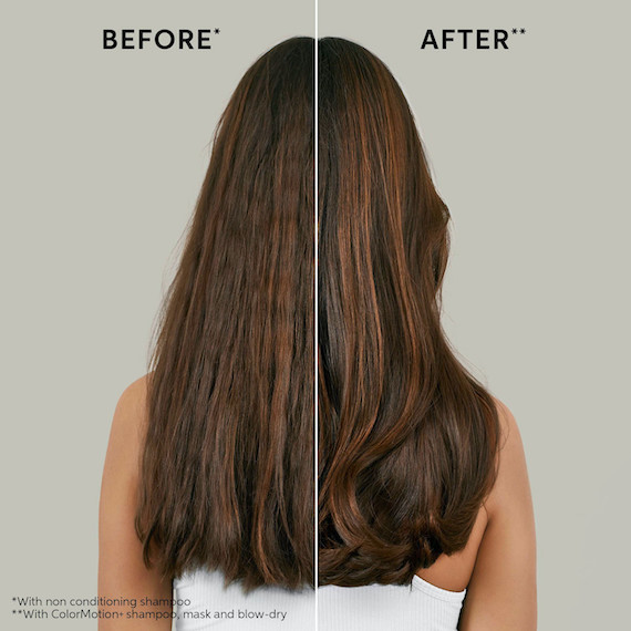 Die Collage zeigt langes, braunes Haar vor und nach der Anwendung von ColorMotion-Produkten. In der Nachher-Aufnahme ist das Haar glatter, glänzender und sieht gesünder aus.