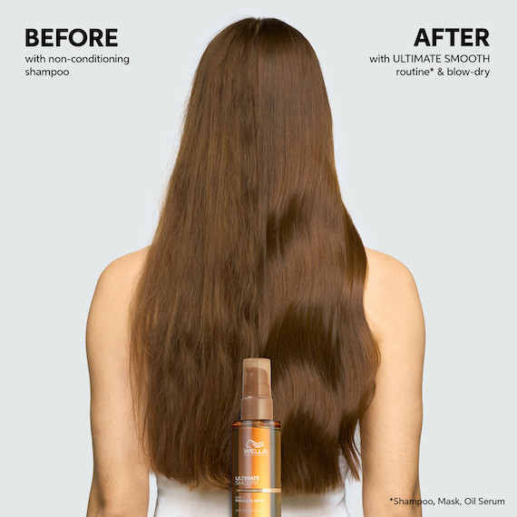 Before and after showing model’s long, straight, brown hair looking smoother and shinier after using the ULTIMATE SMOOTH regimen.