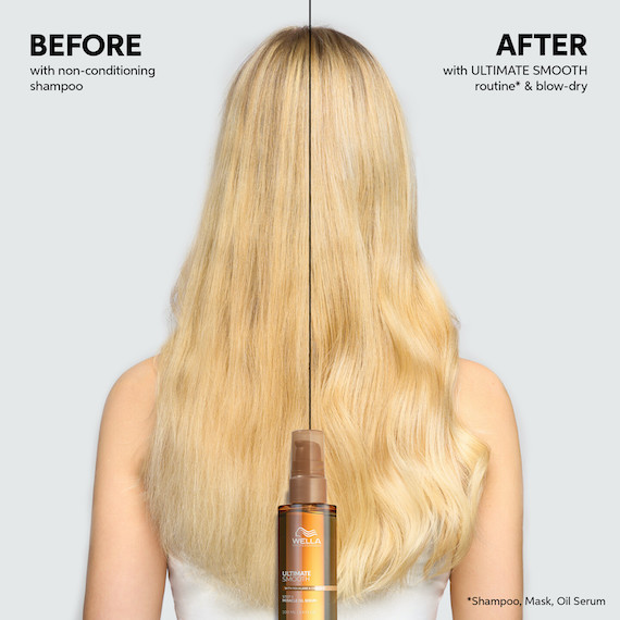 Before and after showing model’s long, blonde hair appearing smoother and glossier after using ULTIMATE SMOOTH regimen.