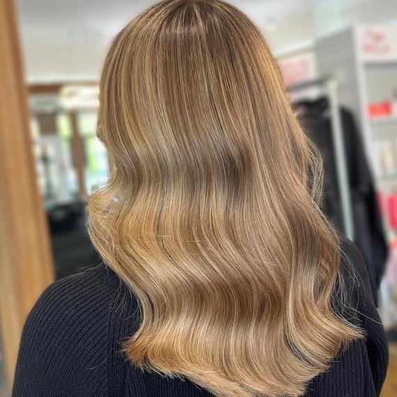 Back of model’s head with long, loosely tousled, beige blonde hair.