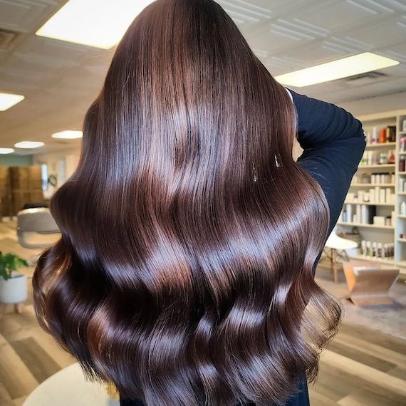 Back of model’s head with long, loosely curled, expensive brunette hair.
