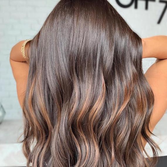 Back of model’s head with dark brown, wavy hair and caramel highlights.