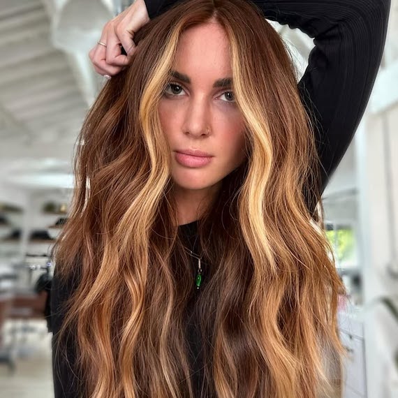 Model with chestnut brown hair featuring bright blonde face-framing highlights.