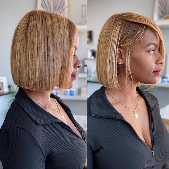Side profile of model with sleek, straight, strawberry blonde bob haircut. 