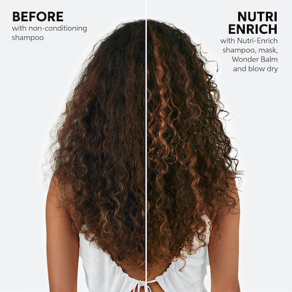 Before and after showing a model’s long, curly, brown hair appearing glossier and more defined after using the Nutri-Enrich collection.