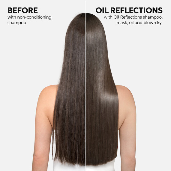 Before and after showing model’s long, brunette hair appearing smoother and shinier after using Oil Reflections.