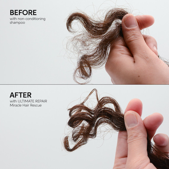 A before and after collage showing curly hair that appears more defined after using ULTIMATE REPAIR Miracle Hair Rescue. 