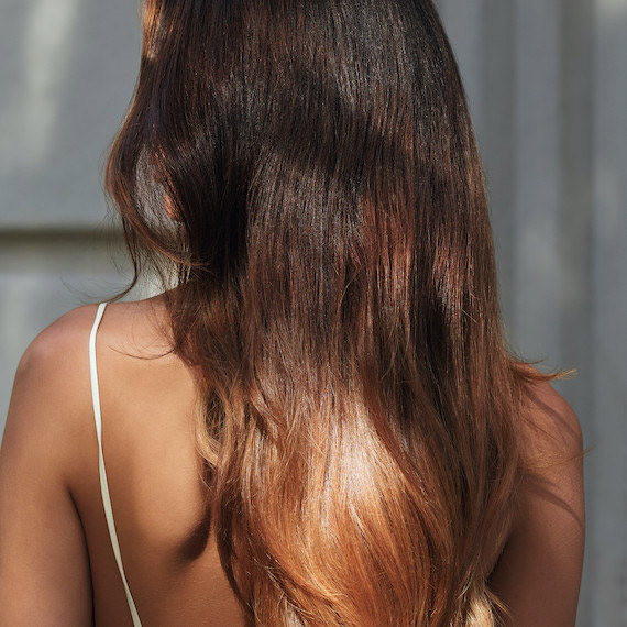 Back of model’s hair with long, glossy, blow-dried hair. 