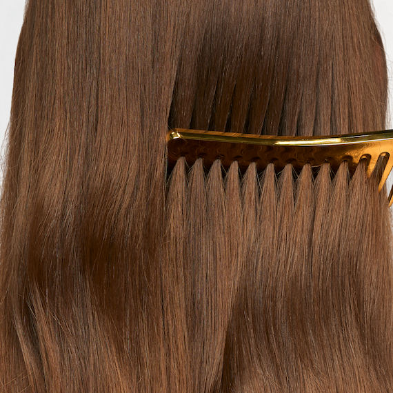 A golden comb runs through dark brown hair.