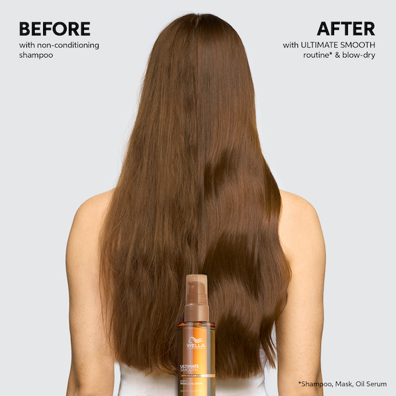 Before and after showing model’s long, brown hair look smoother and glossier after using ULTIMATE SMOOTH.