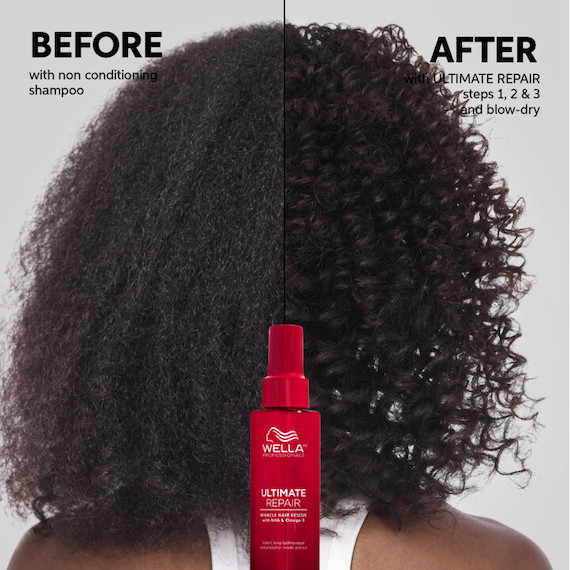 Before and after image. In the after shot, dark, curly hair appears bouncier and more defined from using Miracle Hair Rescue.
