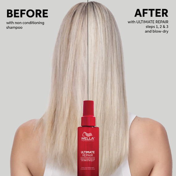 Before and after image. In the after shot, long, blonde hair appears smoother from using Miracle Hair Rescue.