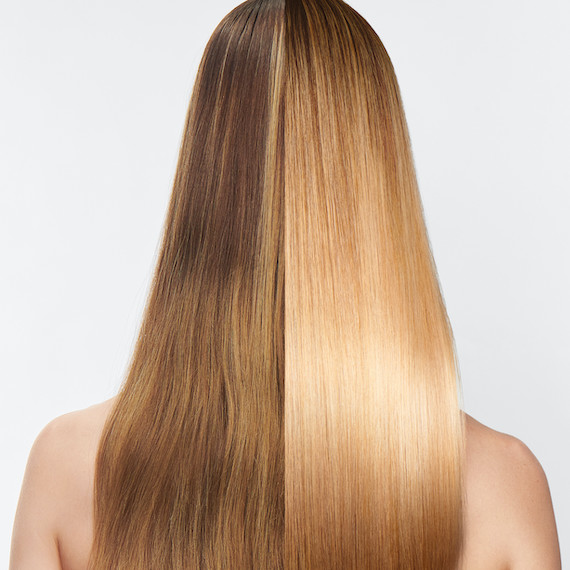 Before and after showing model’s hair transforming from dark blonde to honey blonde with a glass finish.