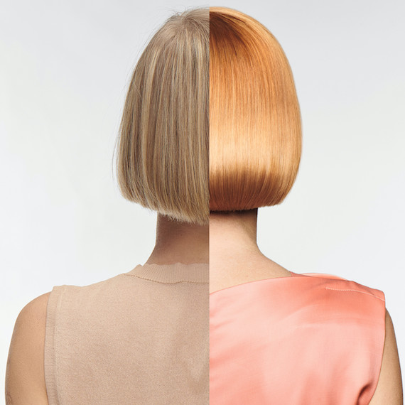 Before and after showing model’s hair transforming from light blonde to warm apricot blonde with a glass finish.