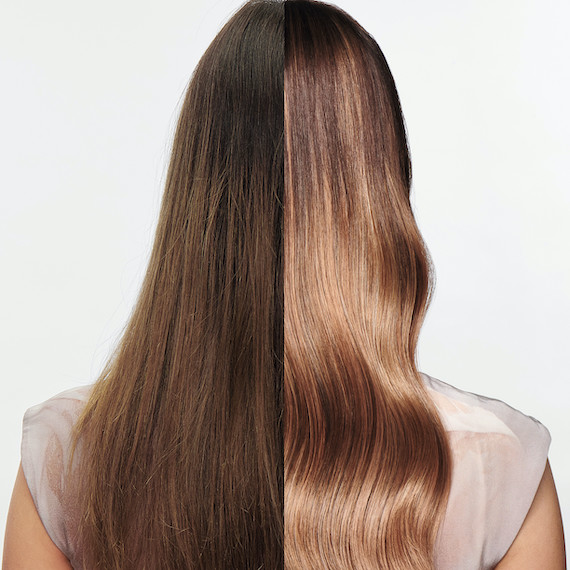 Before and after showing model’s hair transforming from brown to bronde with rose gold, glossy mid-lengths.