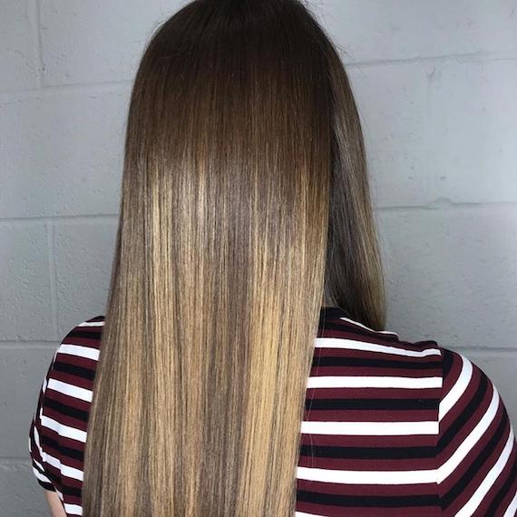 Photo of the back of a woman’s head with long golden brown balayage, created using Wella Professionals.