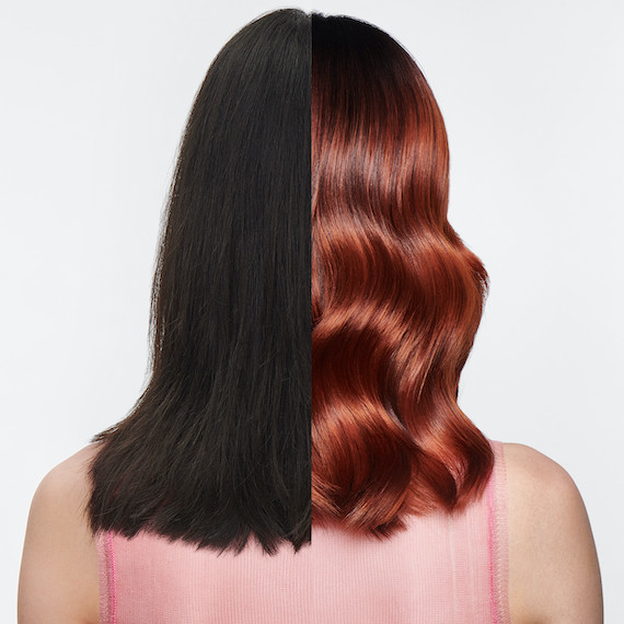 Before and after showing model’s straight, dark brown hair transformed with a copper glass shade.