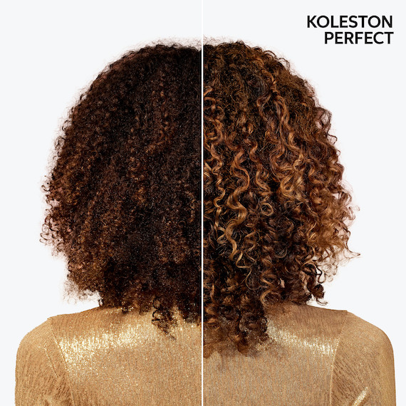 Before and after showing model’s brown, curly hair transformed by glow-boosting, bronze highlights.