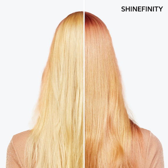 Before and after. In the before, the model’s hair is blonde, and in the after it’s a rose gold shade.