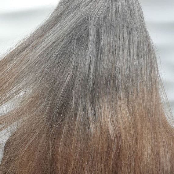Hinterkopf einer Frau mit grauen Ansätzen und blonden Spitzen.